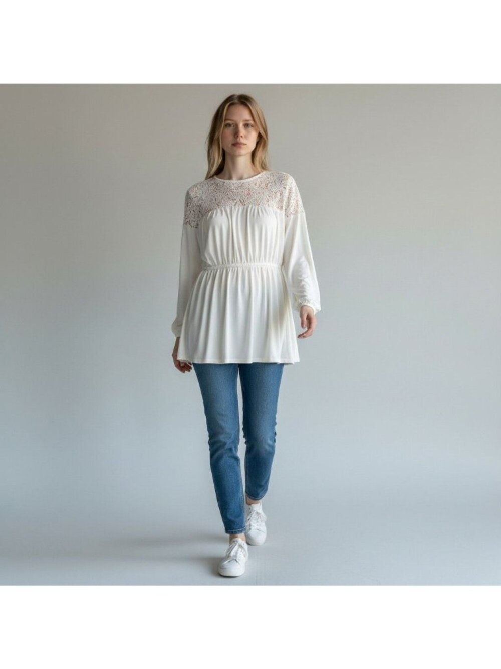 Torrid Ivory Lace Yoke Peplum Blouse Womens Plus 3 Long Sleeve Polyester Blend